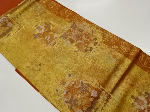 引箔縞に花鳥・華紋模様織出し名古屋帯